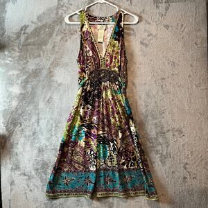 Y2K Boho Maxi Dress‎ Size Empire Waist Beaded Accent Hippie Gypsy Floral Size LG